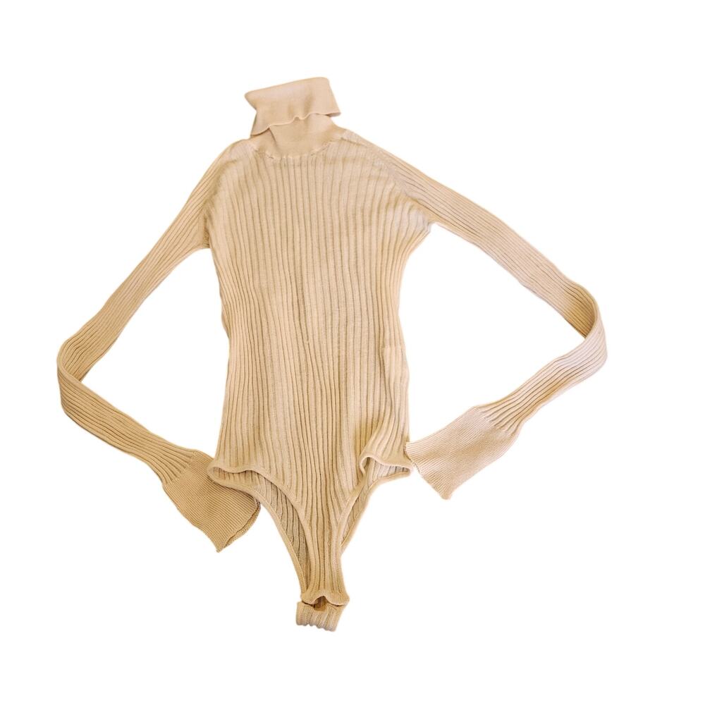 RUS Cashmere Blend Ribbed Turtleneck Bodysuit Small Made in Portugal *FLAWED*